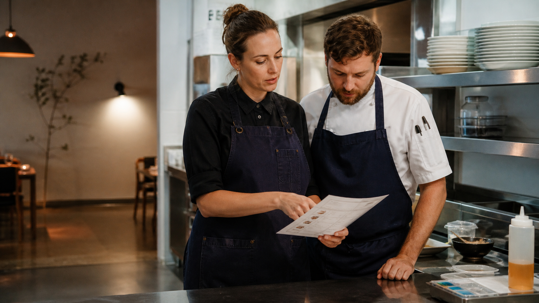 Restaurant manager and cook reviewing an allergen information sheet before service.