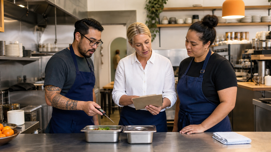 Café manager and staff reviewing a food-safety check together before service.