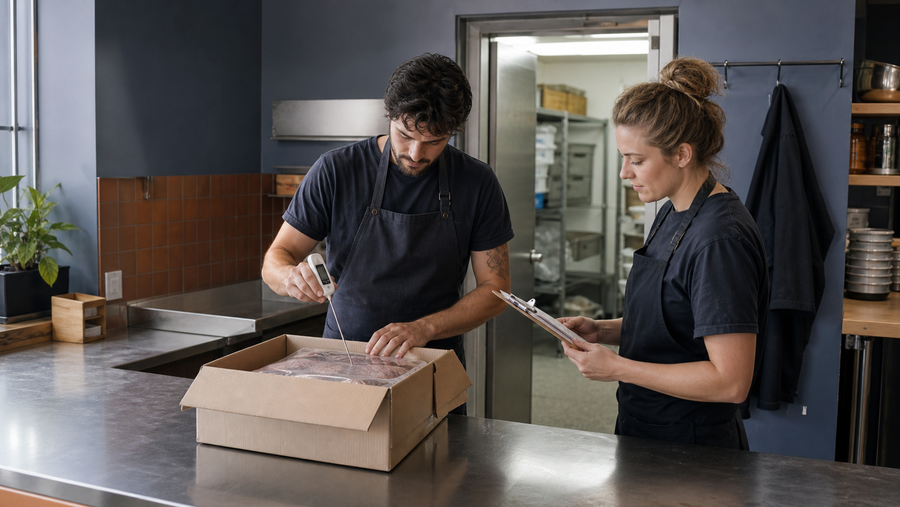 Café staff checking the temperature and packaging of a chilled food delivery.
