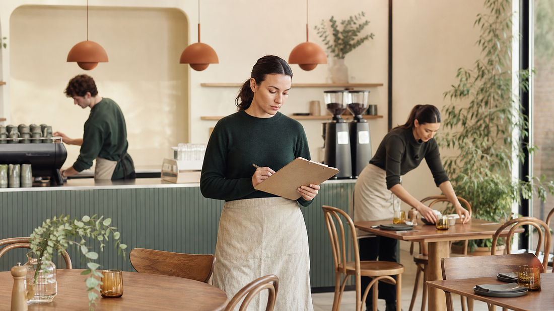 Café manager using a checklist while staff prepare an Australian café before opening