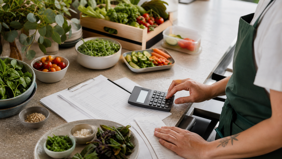 Australian café manager calculating recipe and food cost percentages beside fresh ingredients