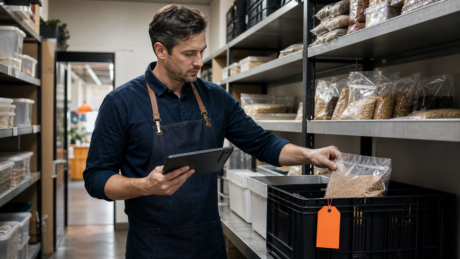 Restaurant manager isolating packaged stock during a food recall check.