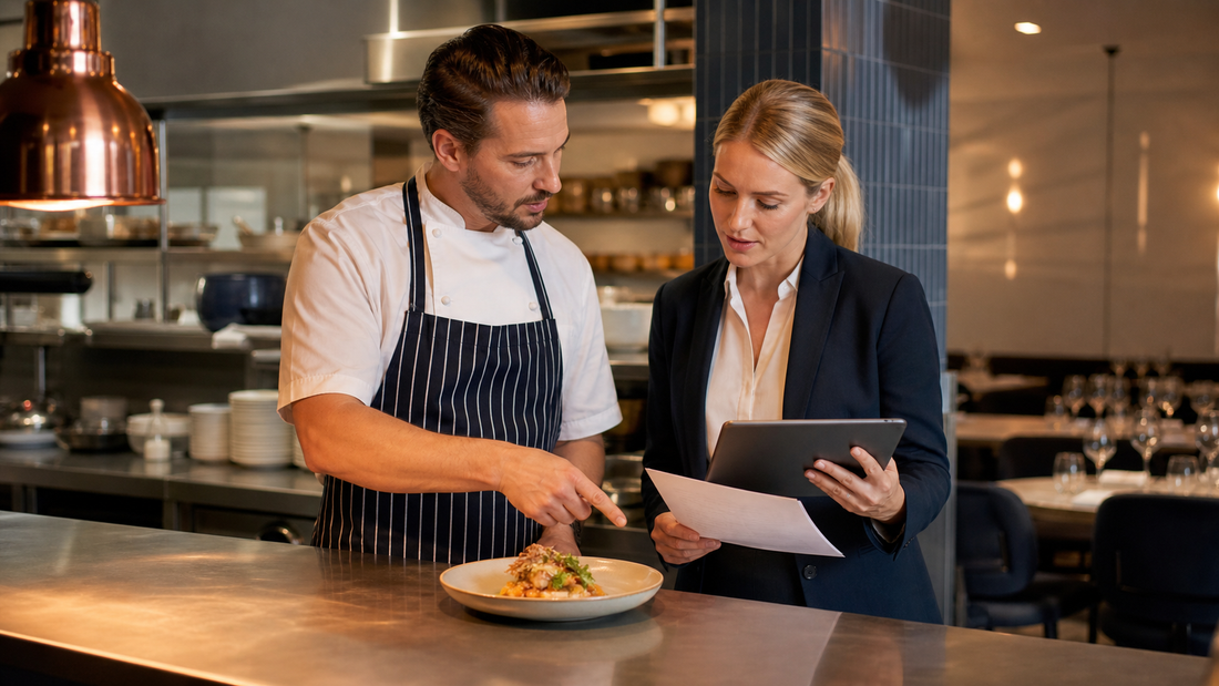 Chef and venue manager checking a new menu item against the recipe and POS before launch.