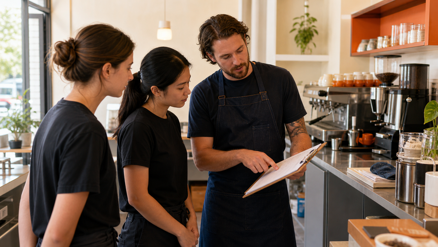 Café manager guiding a new employee through a first-shift induction checklist.
