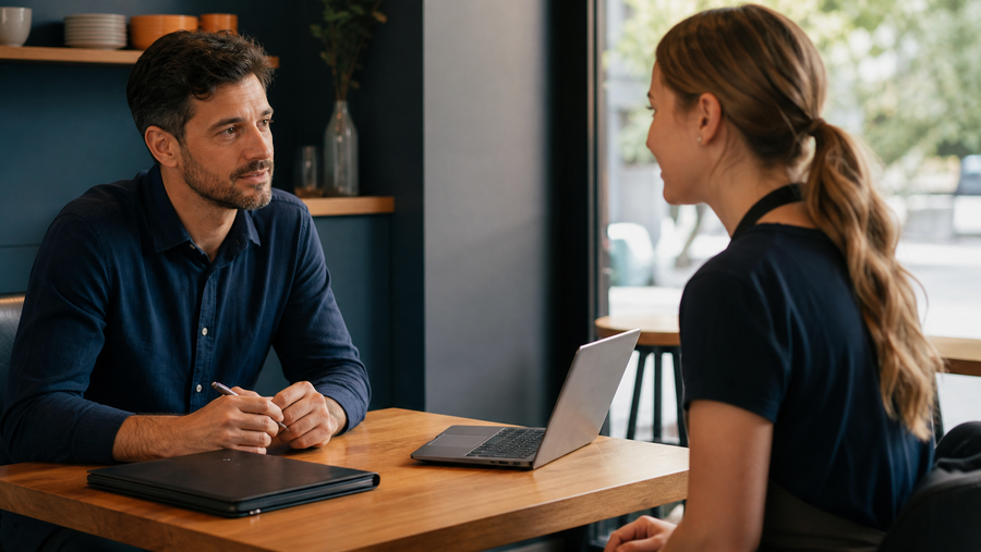 Hospitality manager having a private illness-reporting conversation with an employee.
