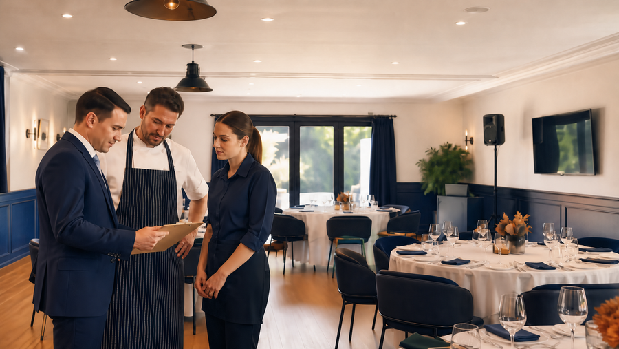 Hospitality team reviewing a function run sheet in a prepared restaurant event space.