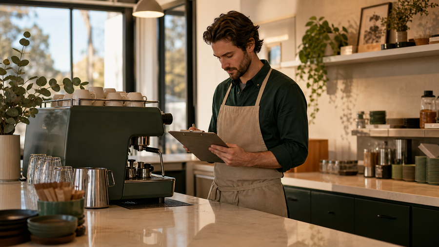 Australian café supervisor completing an opening checklist beside coffee equipment