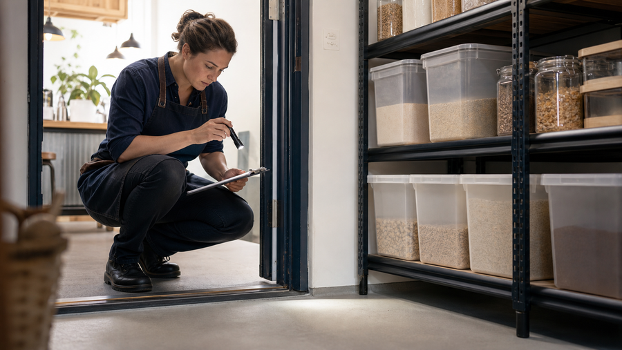 Café manager inspecting a clean dry store for signs of pest activity.