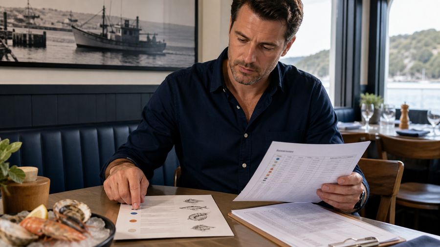 Restaurant manager checking seafood origin labels on a menu against supplier records.