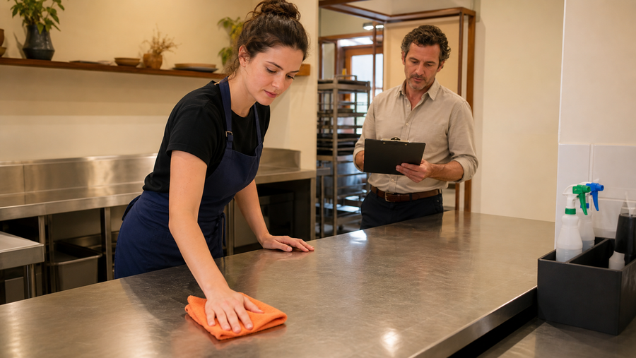 Hospitality worker following a cleaning schedule at a café food-preparation bench.