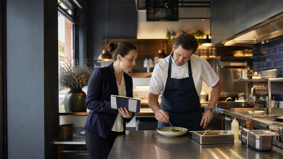 Restaurant manager and kitchen lead testing a standard operating procedure at a work station.