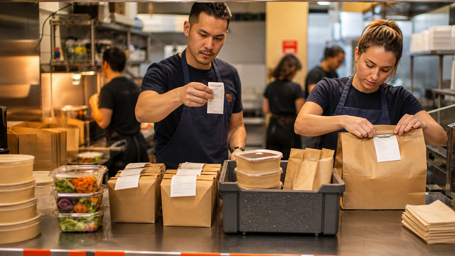 Restaurant expediter verifying a takeaway order before sealed handoff.