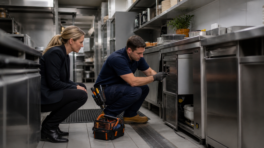 Venue manager and service technician checking commercial kitchen equipment.
