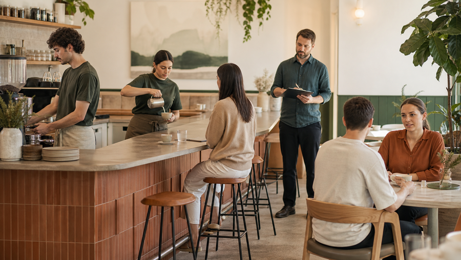 Australian hospitality team rehearsing a pre-opening trial service with a manager observing