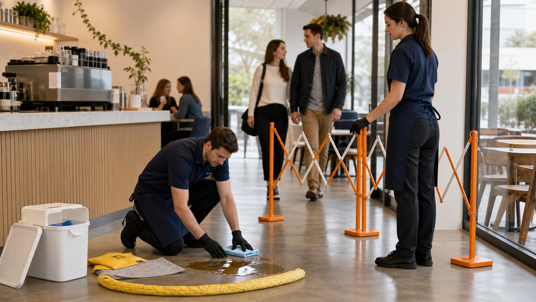Café staff isolating and cleaning a floor spill while keeping the walkway clear.