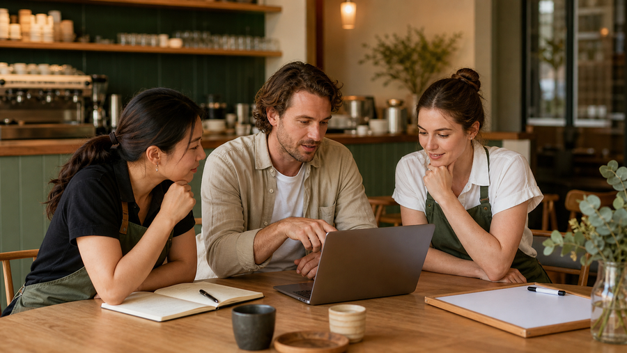 Australian venue manager reviewing first-week sales, staffing and operations with the team