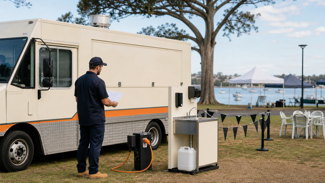Food-truck operator checking the event site, utilities and service area before opening.
