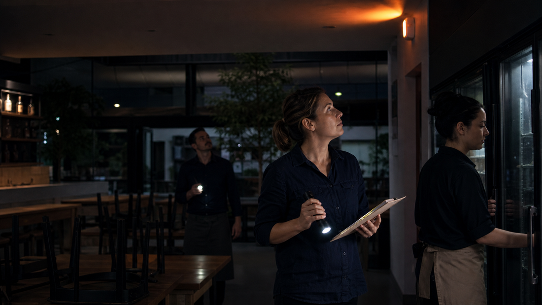 Restaurant team carrying out a controlled emergency closure during a power outage.