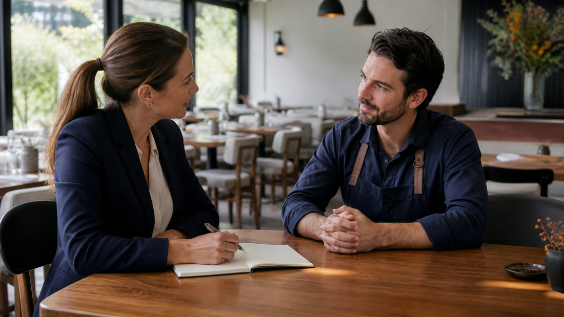 Hospitality manager and employee having a private performance check-in before service.