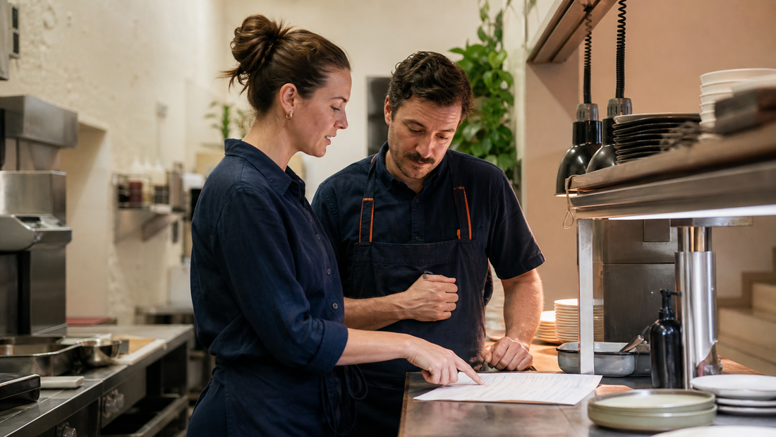 Two restaurant shift leaders reviewing handover notes before the dinner shift.