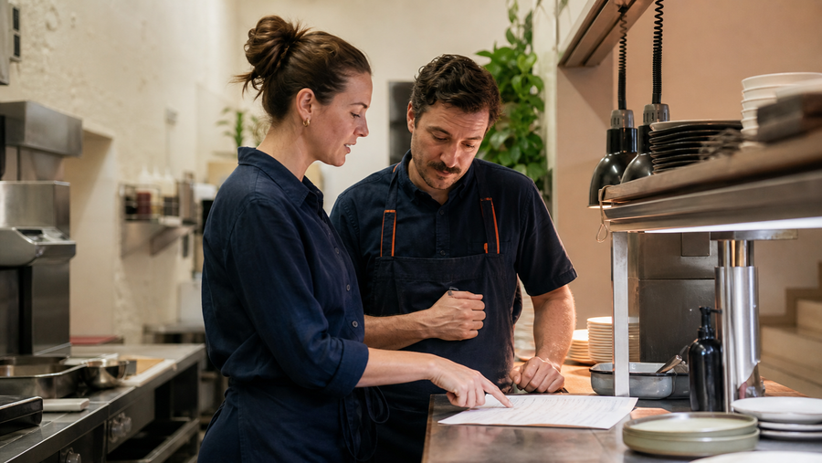 Two restaurant shift leaders reviewing handover notes before the dinner shift.