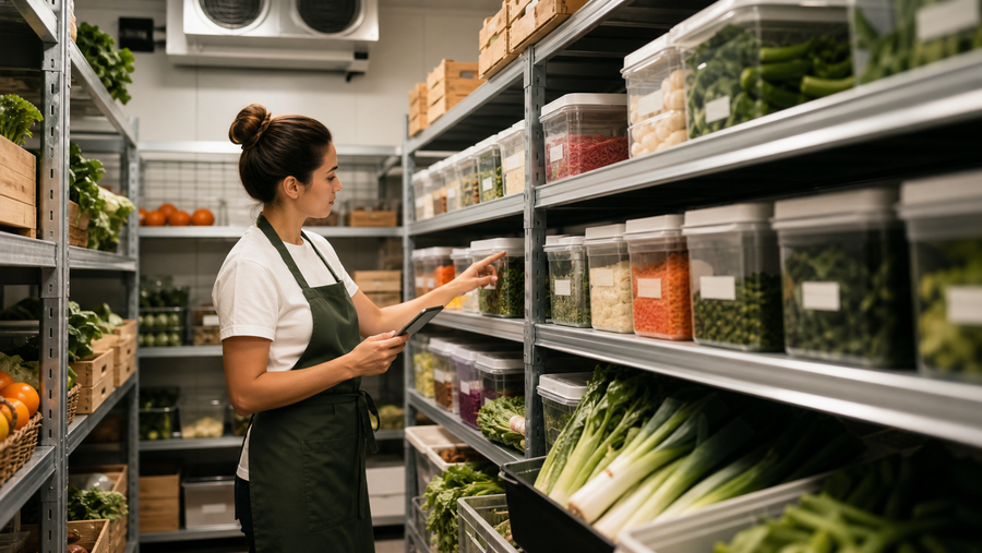 Australian café manager recording food stock waste and checking stored ingredients