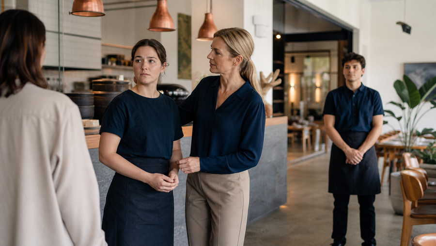 Hospitality manager supporting a staff member during a tense customer interaction.