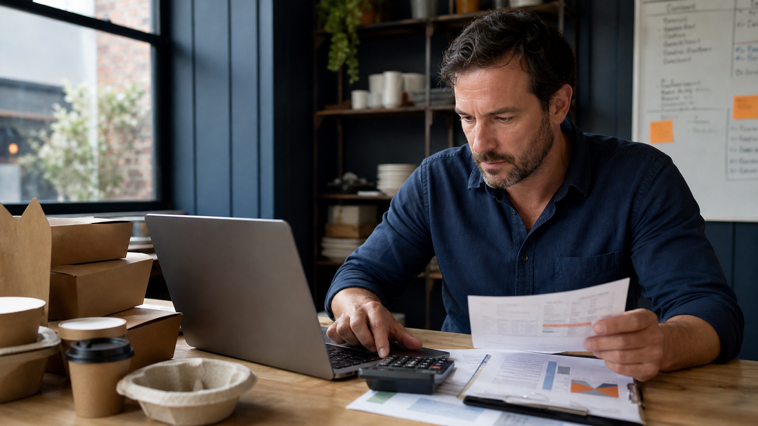 Restaurant owner reviewing delivery orders, platform costs and packaging expenses.