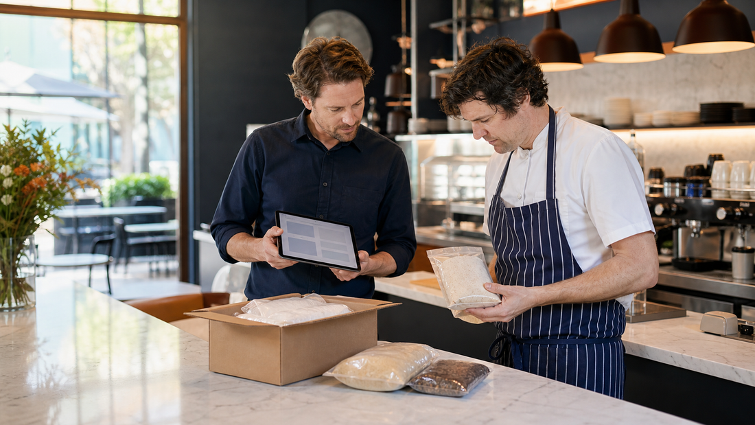 Café owner and kitchen lead reviewing supplier products and delivery records.