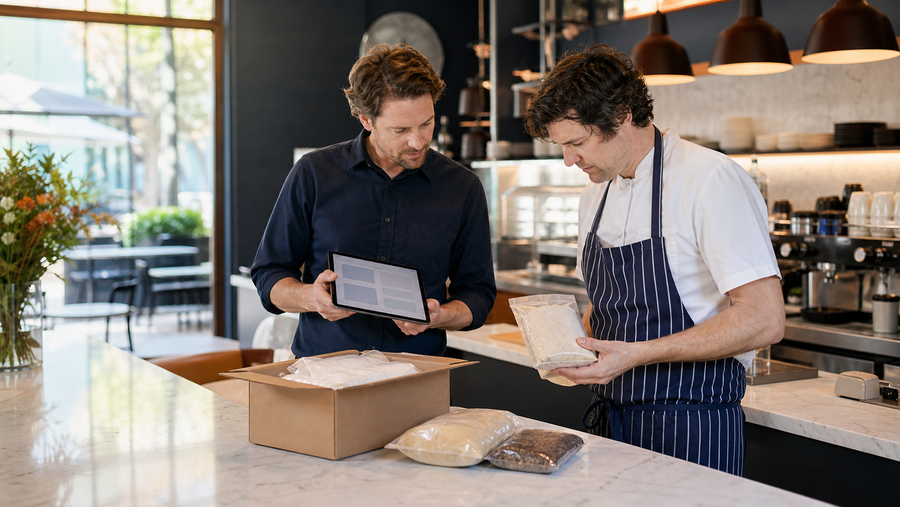 Café owner and kitchen lead reviewing supplier products and delivery records.