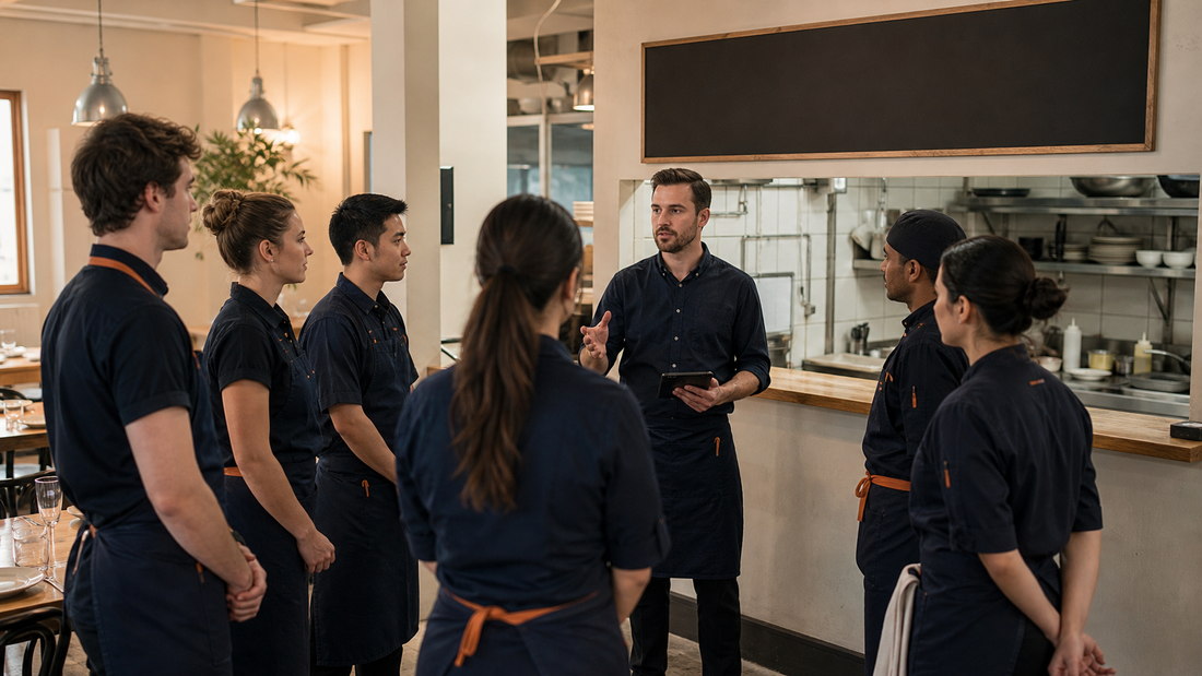 Restaurant manager leading a pre-service briefing with kitchen and front-of-house staff.