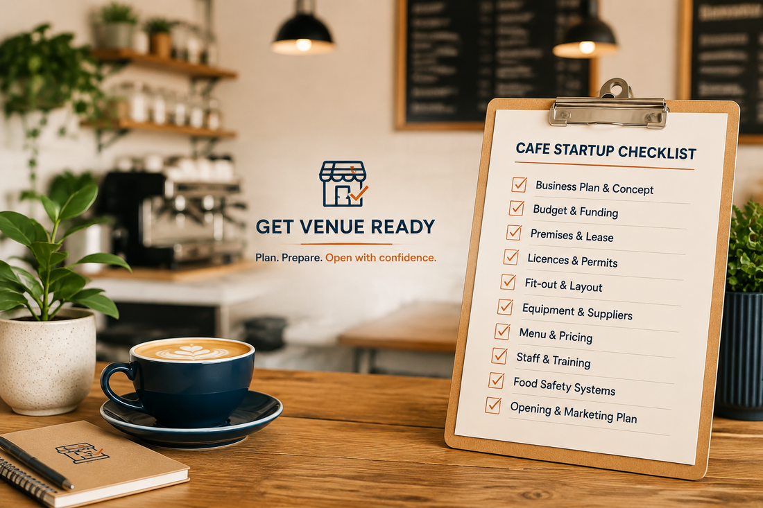 Australian café owner reviewing a startup checklist before opening