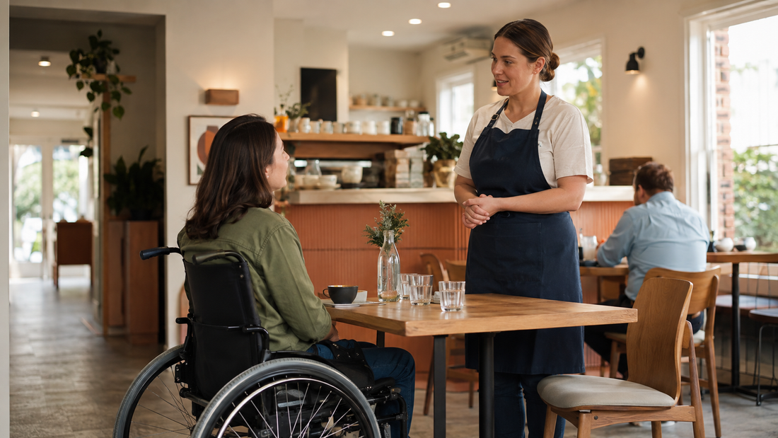 A restaurant host speaks directly with a guest who uses a wheelchair.