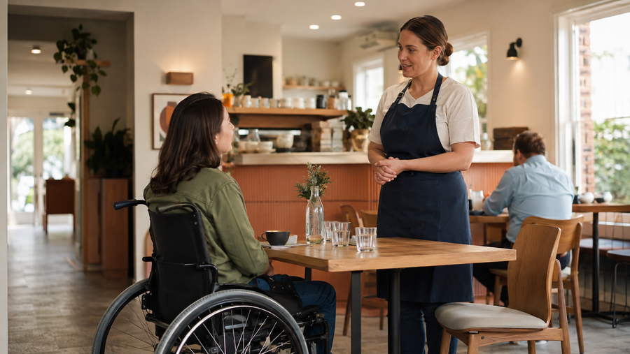 A restaurant host speaks directly with a guest who uses a wheelchair.