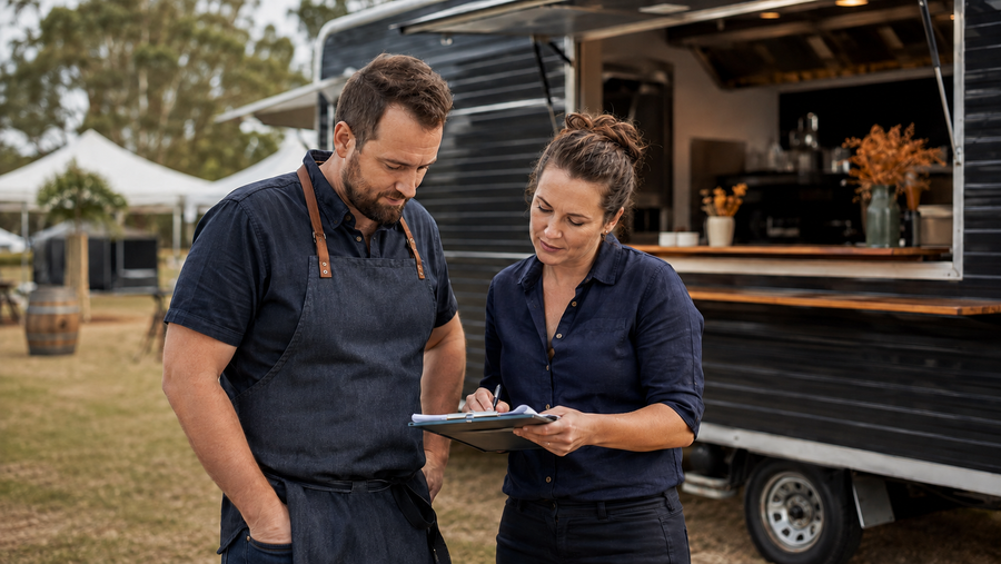 Two food-truck operators review an event plan beside their parked truck.