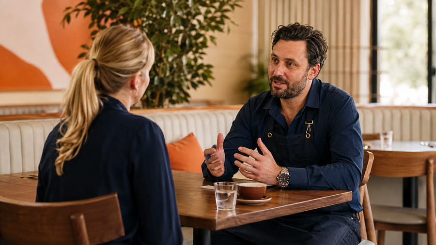 A restaurant manager interviews a job candidate at a quiet table.