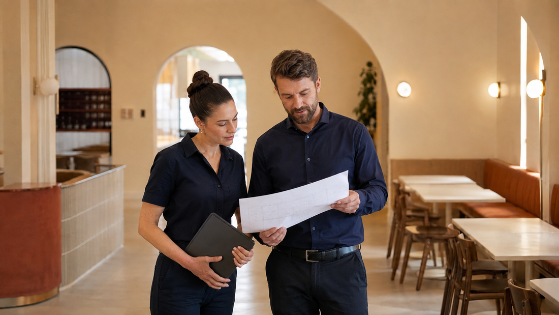 A café owner and adviser review a floor plan in an empty restaurant.