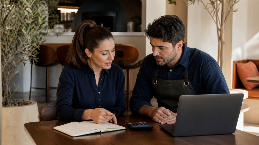 A café owner reviews a cash-flow plan with a bookkeeper at a table.