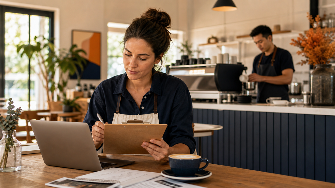 Café owner reviewing training and compliance requirements before opening