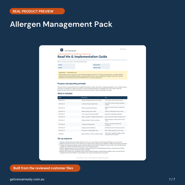 Cover preview for Allergen Management Pack, showing a real first page from the reviewed product files.