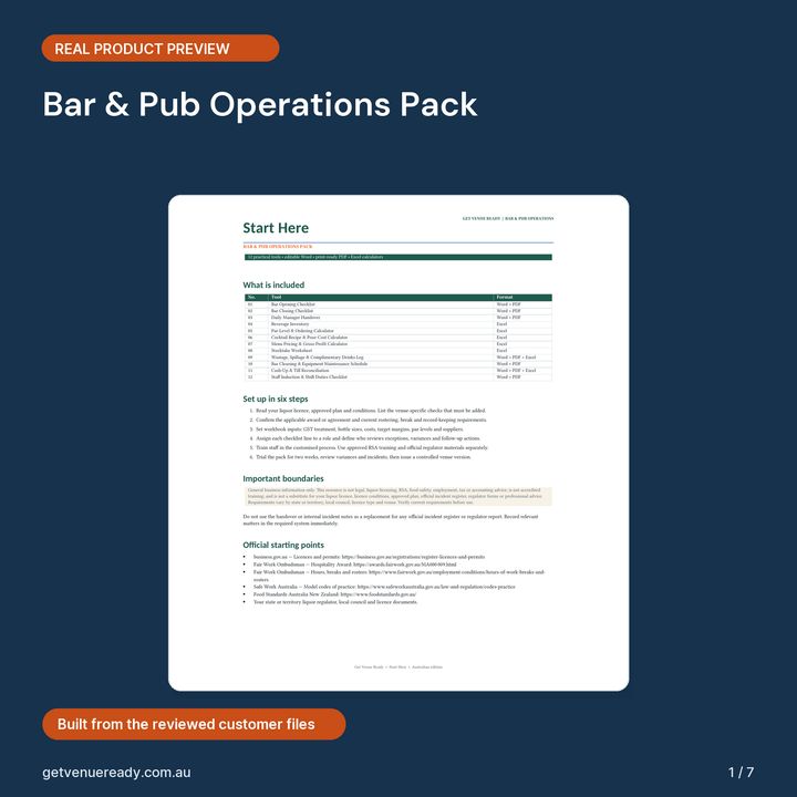 Cover preview for Bar & Pub Operations Pack, showing a real first page from the reviewed product files.