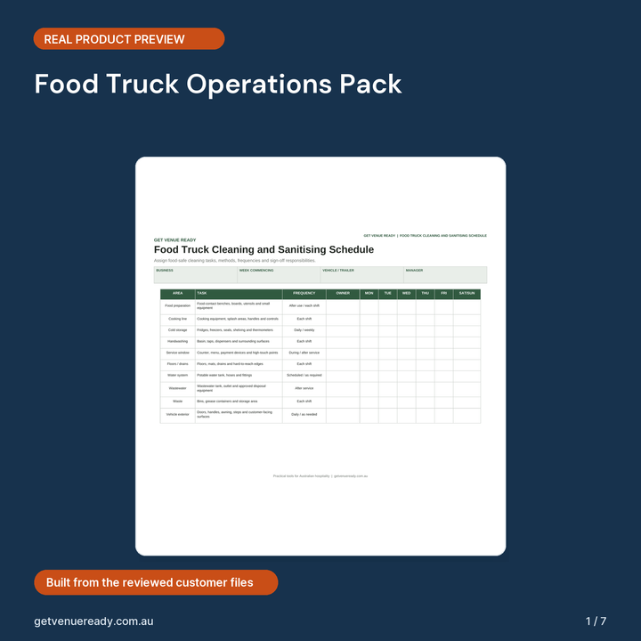 Cover preview for Food Truck Operations Pack, showing a real first page from the reviewed product files.