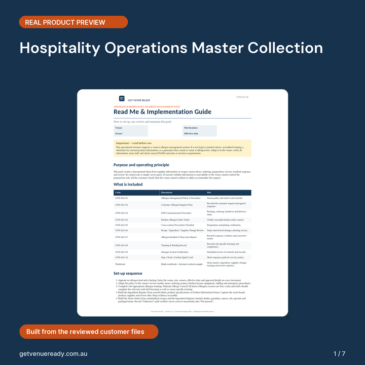 Cover preview for Hospitality Operations Master Collection, showing a real first page from the reviewed product files.