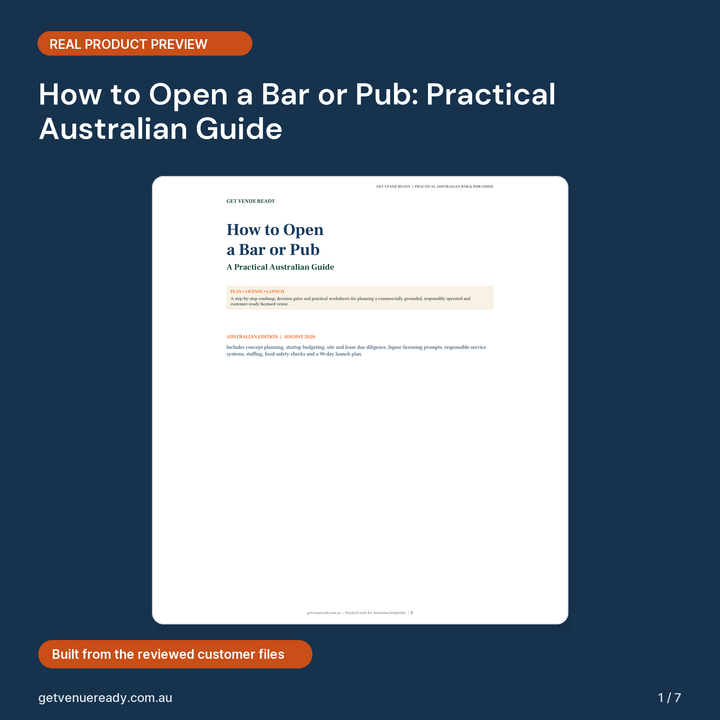 Cover preview for How to Open a Bar or Pub: Practical Australian Guide, showing a real first page from the reviewed product files.