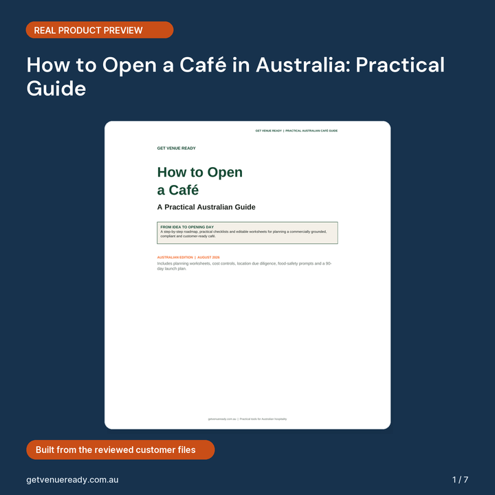Cover preview for How to Open a Café in Australia: Practical Guide, showing a real first page from the reviewed product files.
