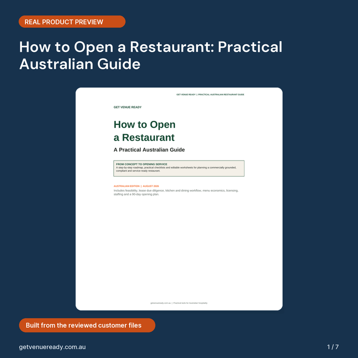 Cover preview for How to Open a Restaurant: Practical Australian Guide, showing a real first page from the reviewed product files.