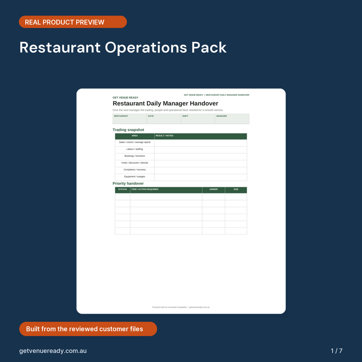 Cover preview for Restaurant Operations Pack, showing a real first page from the reviewed product files.