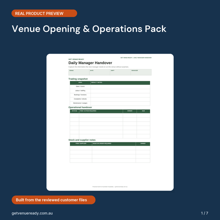 Cover preview for Venue Opening & Operations Pack, showing a real first page from the reviewed product files.
