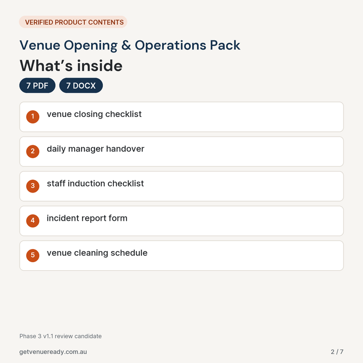 Verified file contents and formats for Venue Opening & Operations Pack.
