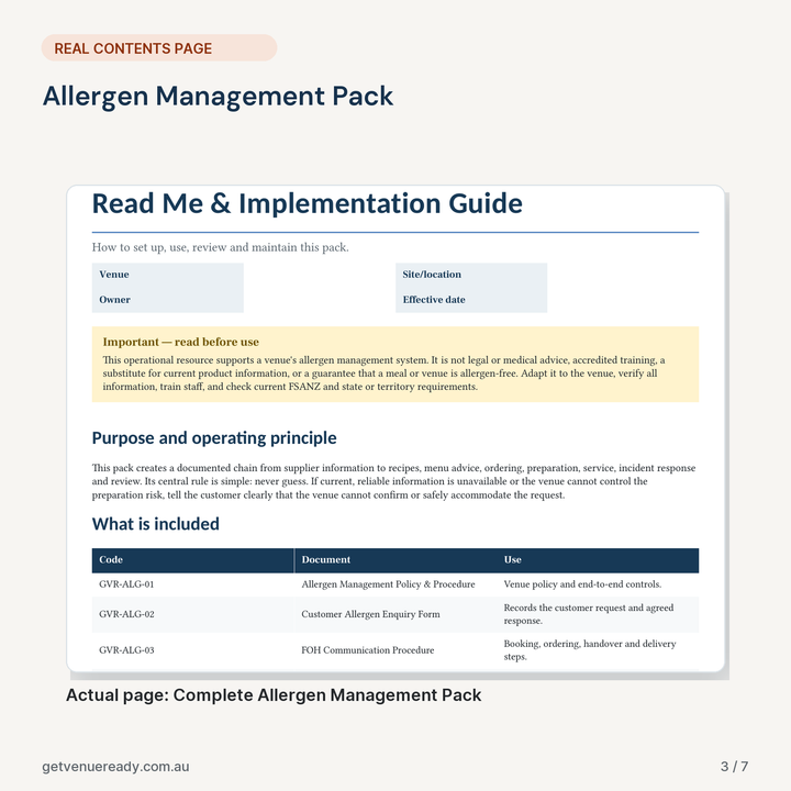 Real contents or start-here page from Allergen Management Pack, shown at a readable scale.